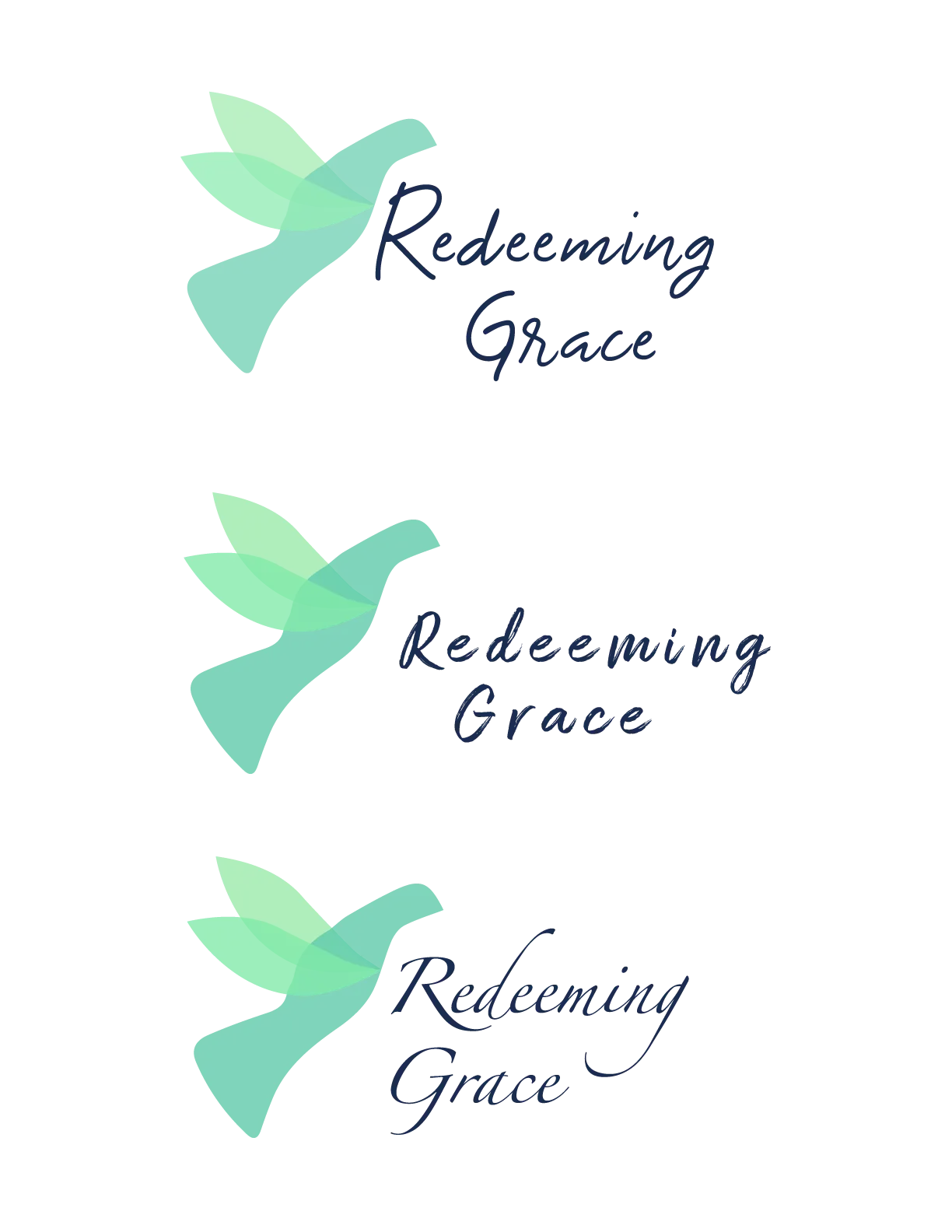 Redeeming Grace logo concepts with a translucent green dove beside navy script type