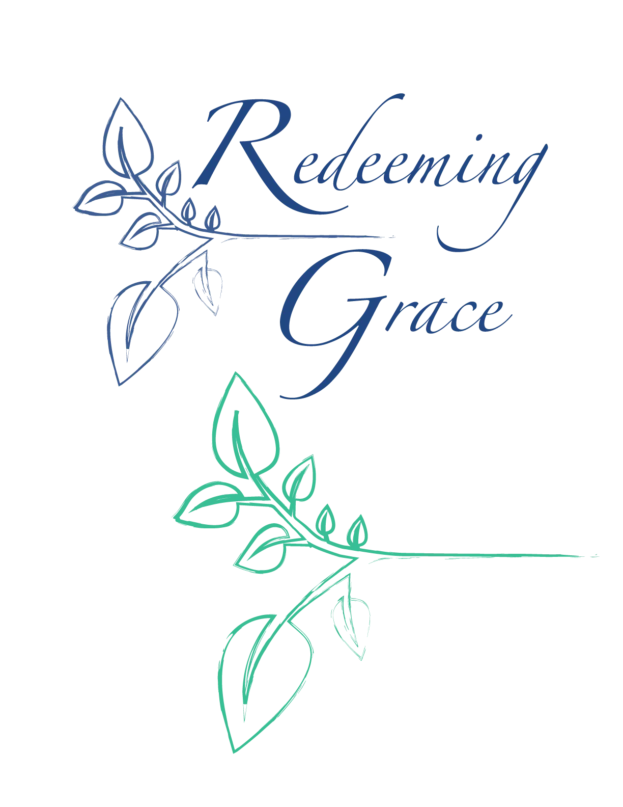 Hand-drawn Redeeming Grace leafy branch sketch in blue and green with serif script lettering
