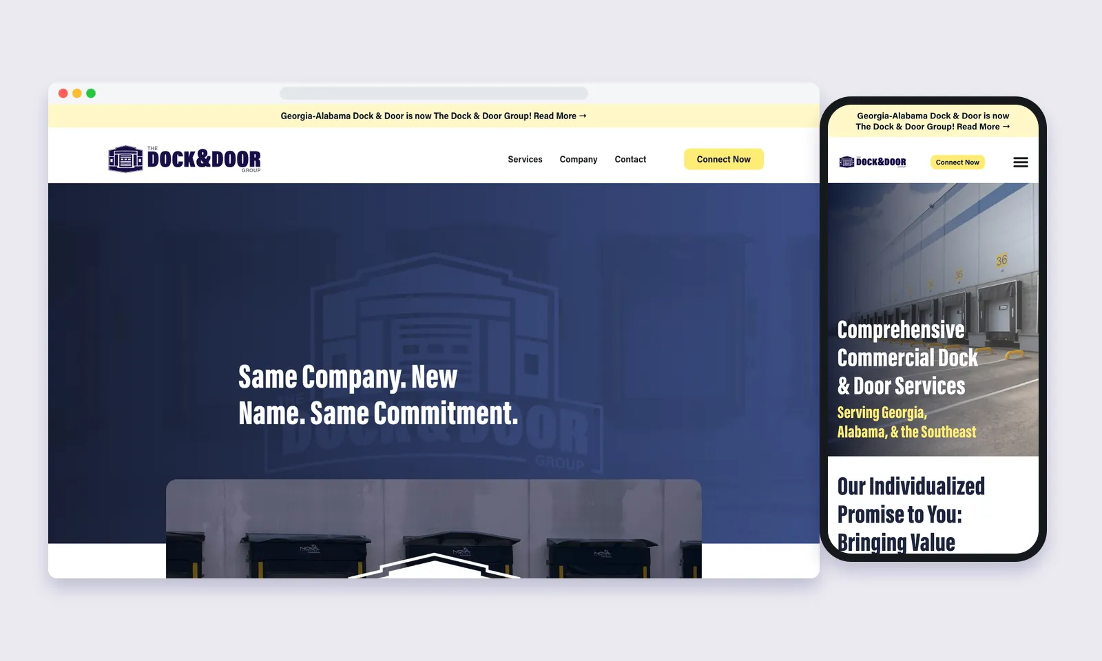 The rebrand announcement post Same Company. New Name. Same Commitment. on desktop beside the home page on a phone