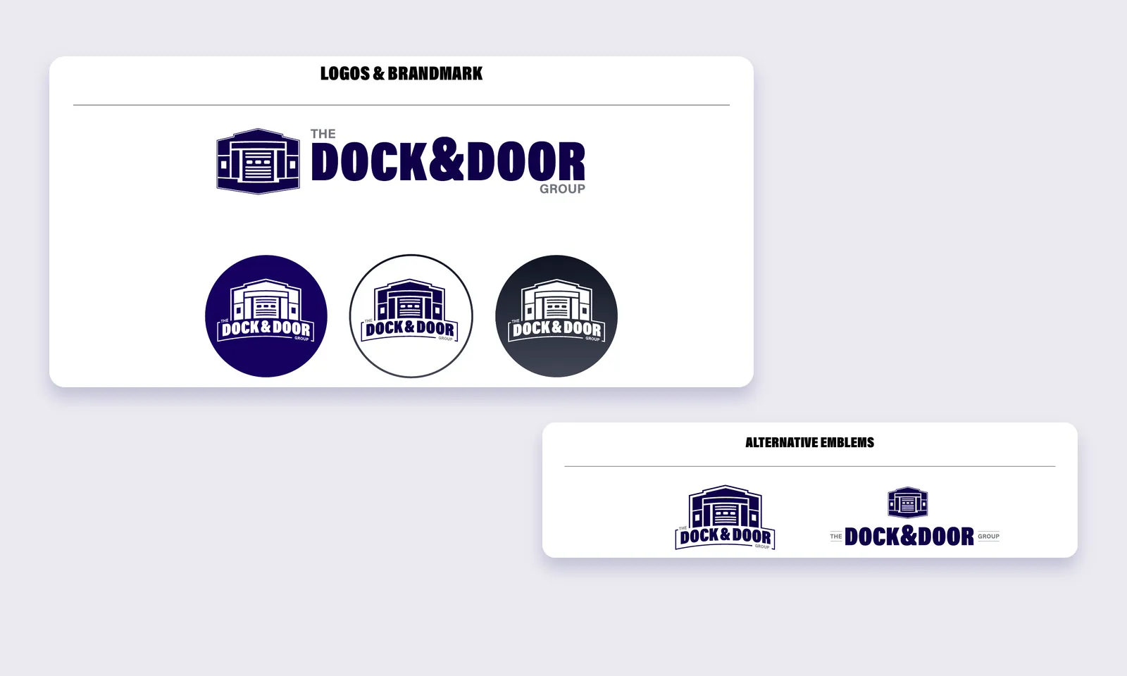 Brand guide logo pages: the horizontal Dock & Door Group logo, three round emblem treatments and two alternative emblems