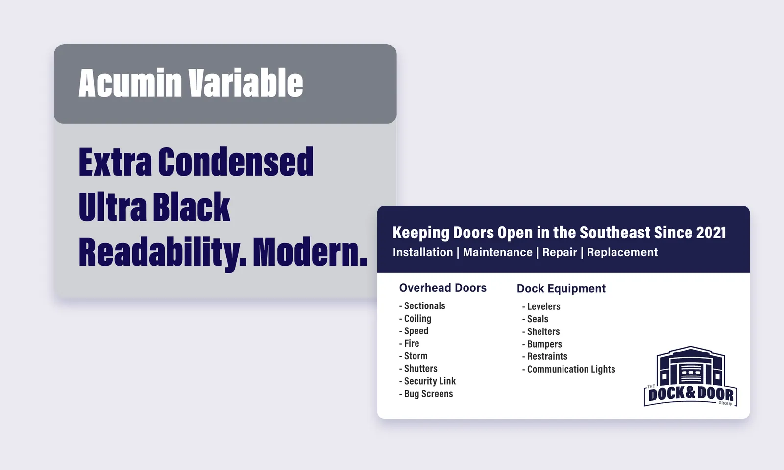 Brand guide typography panel for Acumin Variable beside the business card listing overhead door and dock equipment services