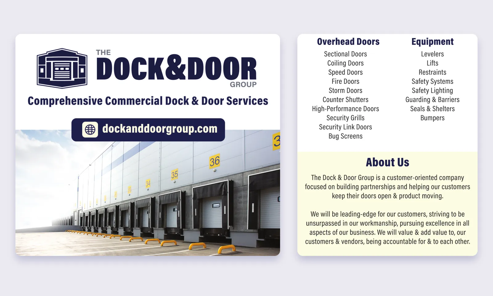 Details from the 2026 Dock & Door Group rack card: logo, web address and loading-dock photo, beside the list of overhead door and dock equipment services and the About Us statement