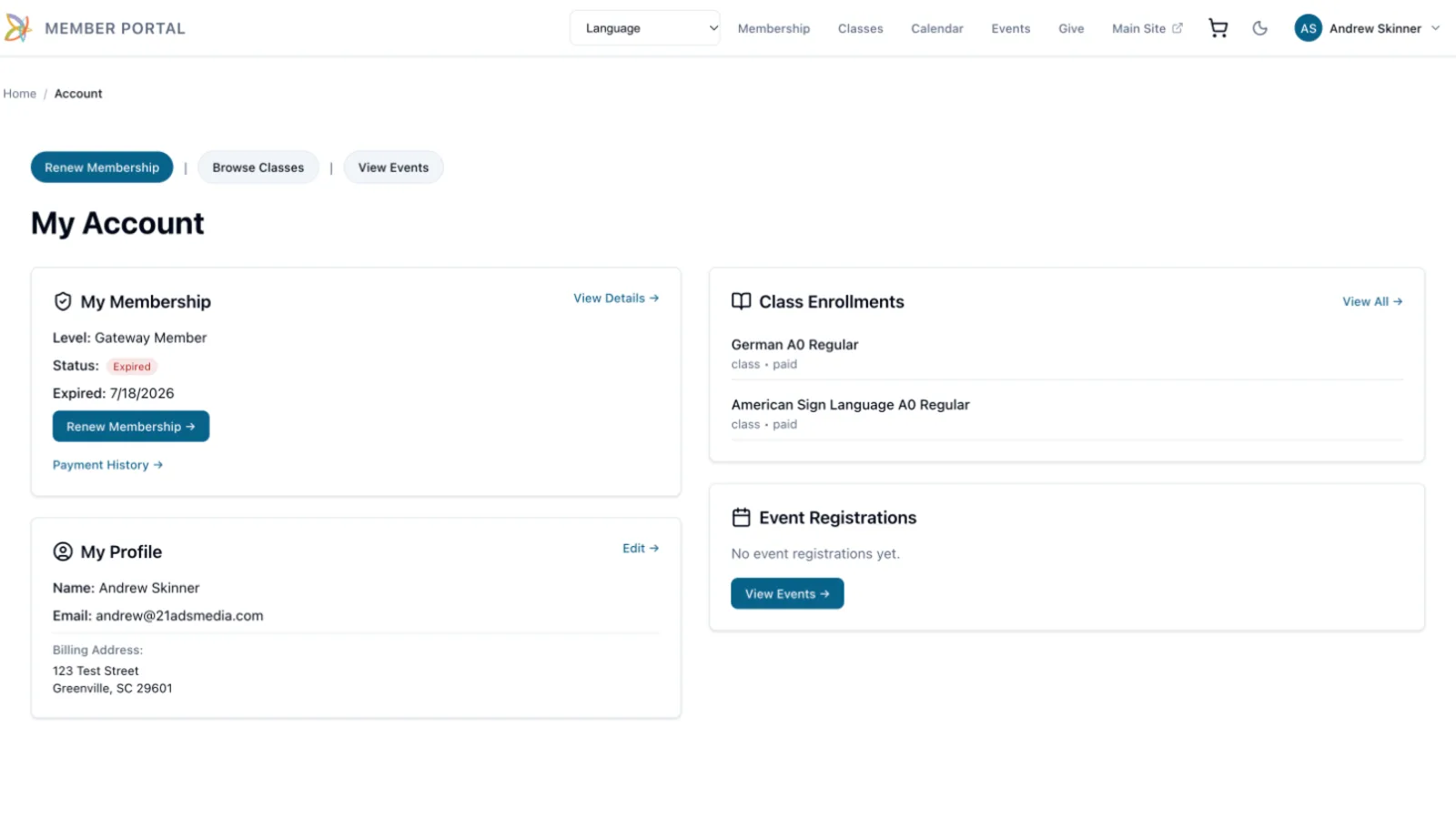 A member's account page in the UI Engine portal showing membership status, a renew button, class enrollments and event registrations