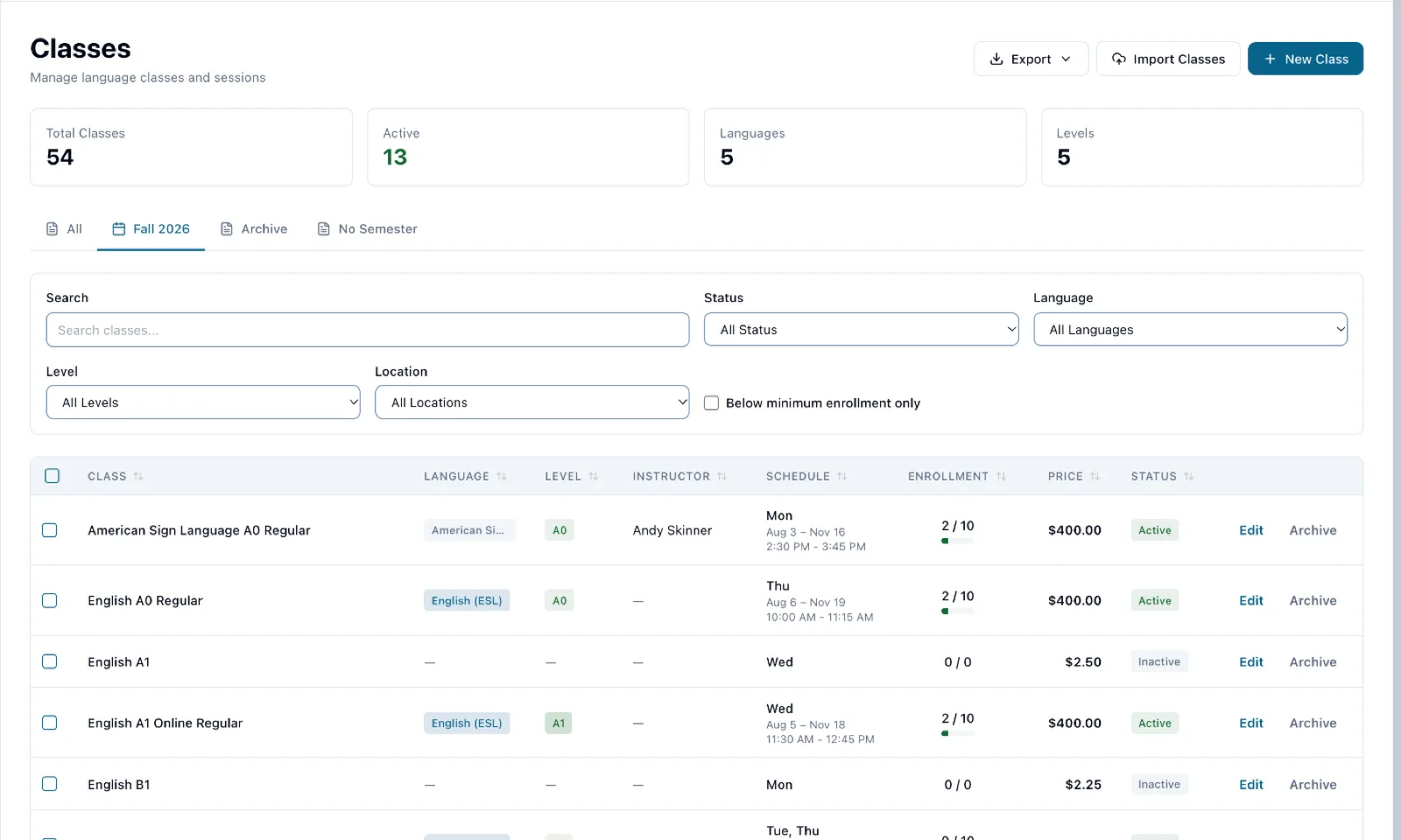 UI Engine staff class manager listing language classes with level, schedule, enrollment and status, plus search and filters