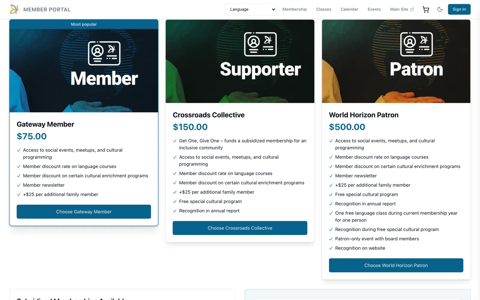 Membership level picker in the UI Engine member portal with Gateway, Crossroads and World Horizon tiers and their benefits