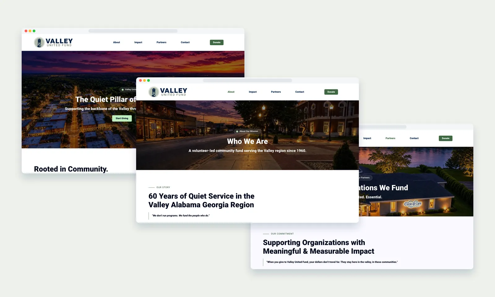 Valley United Fund website pages: The Quiet Pillar of Our Community homepage, Who We Are about page and The Organizations We Fund partners page