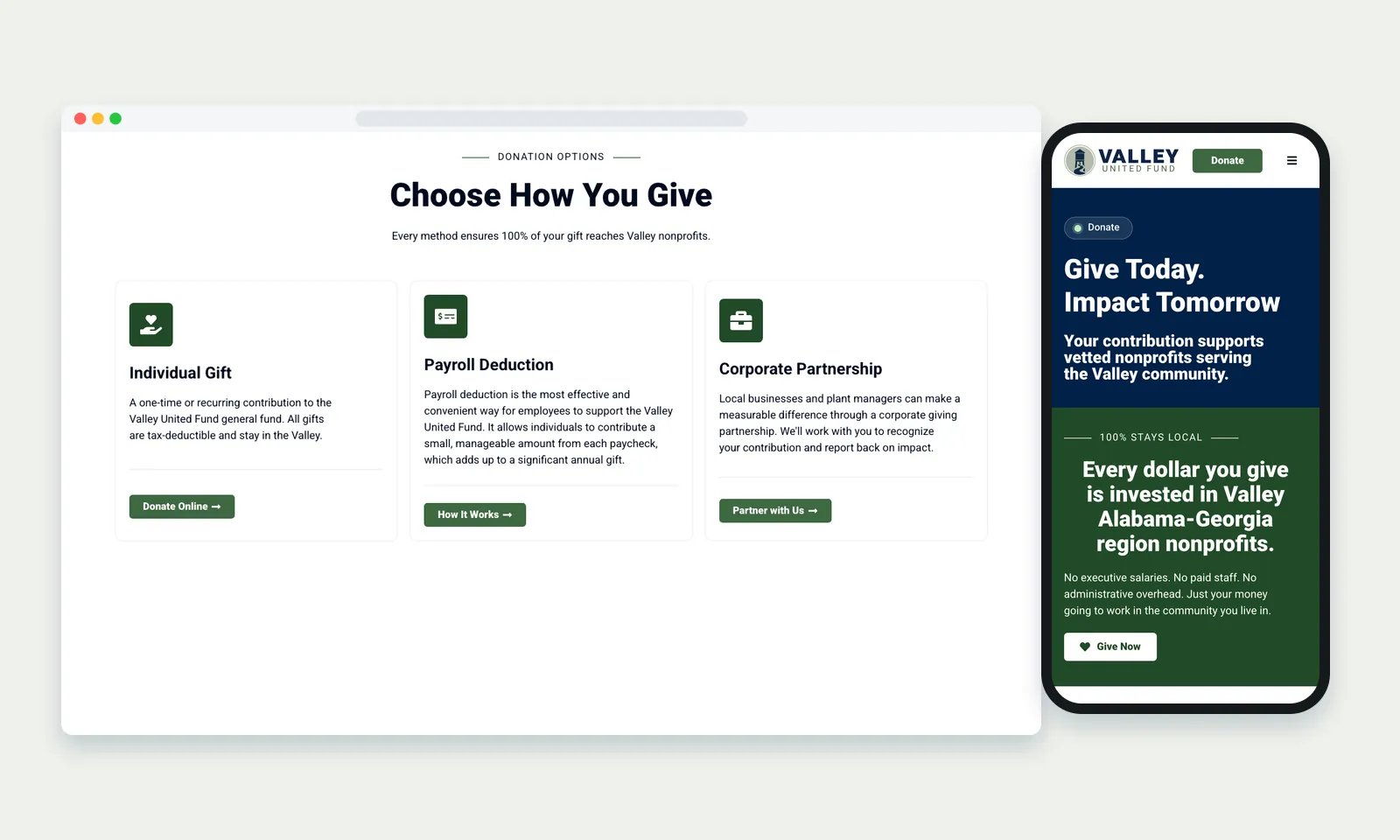 Valley United Fund donate page with Individual Gift, Payroll Deduction and Corporate Partnership options, beside the mobile donate page