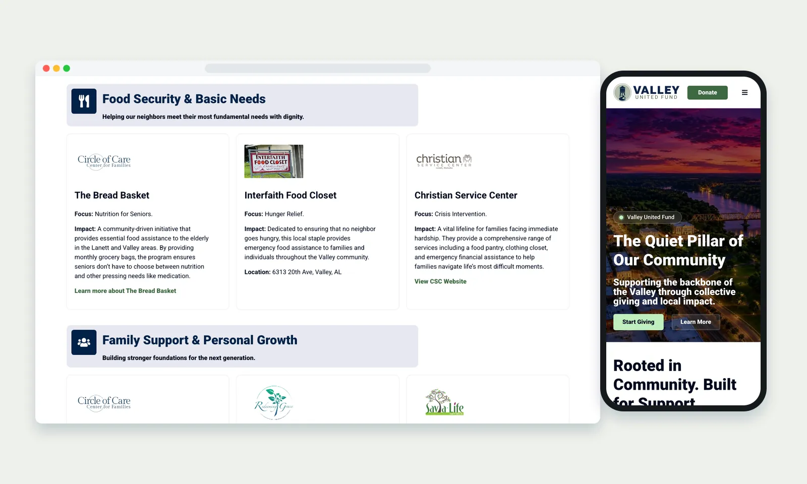 Valley United Fund partner cards under Food Security and Basic Needs, beside the mobile homepage with Start Giving button