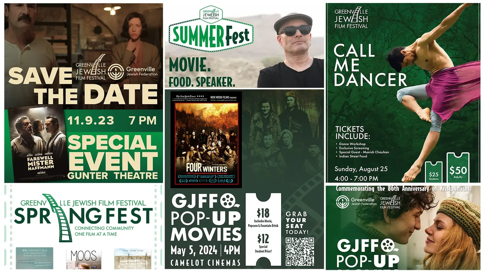 Collage of Greenville Jewish Film Festival posters, including Save the Date, SummerFest, Call Me Dancer, SpringFest, and GJFF Pop-Up Movies