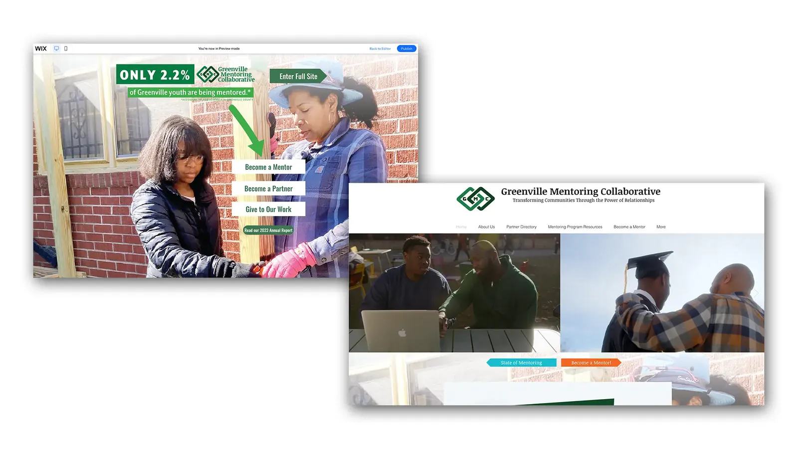 Before and after: the old Wix homepage for Greenville Mentoring Collaborative beside the new site with partner directory navigation