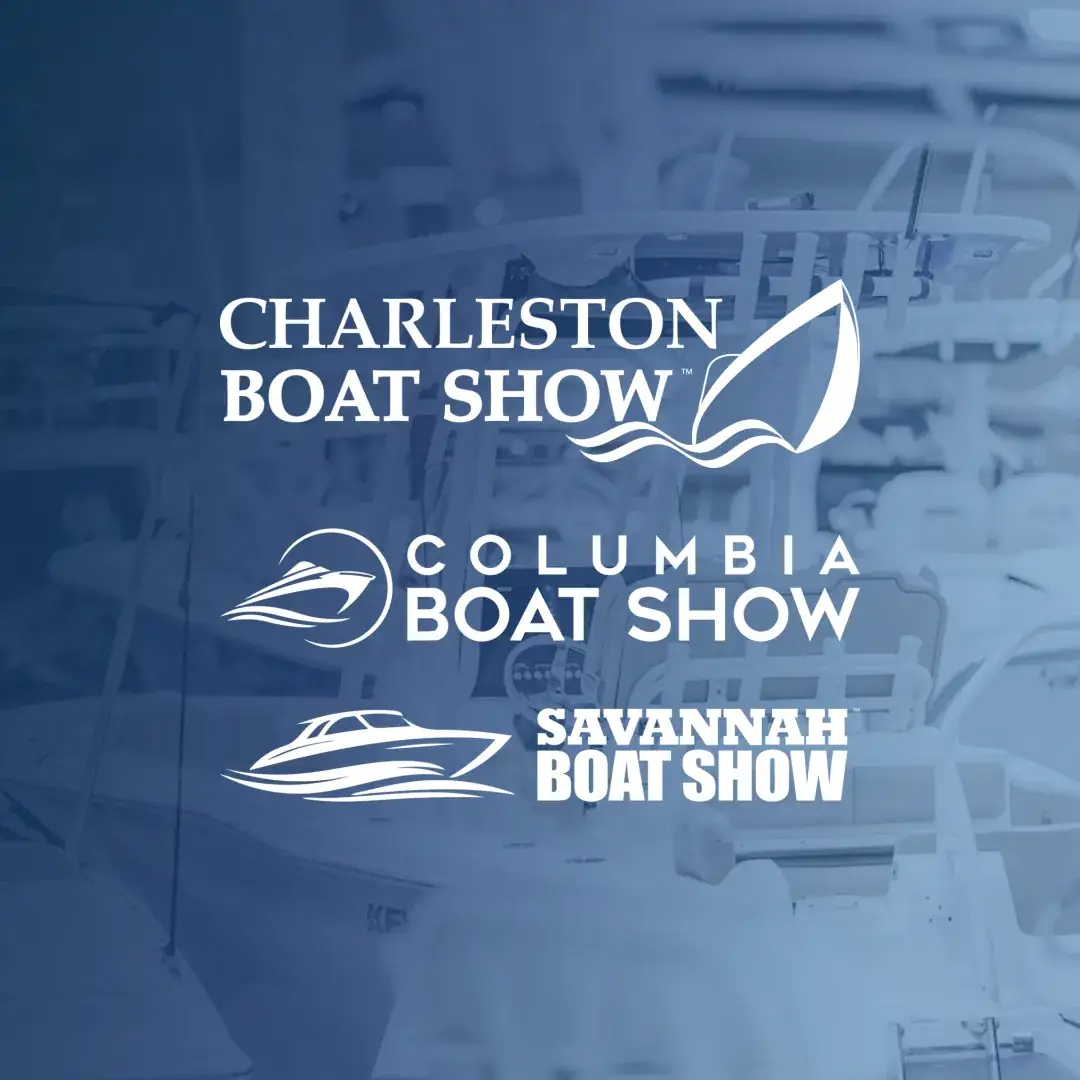 Charleston Boat Show, Columbia Boat Show and Savannah Boat Show logos in white over a blue-tinted photo of center-console boats on a show floor