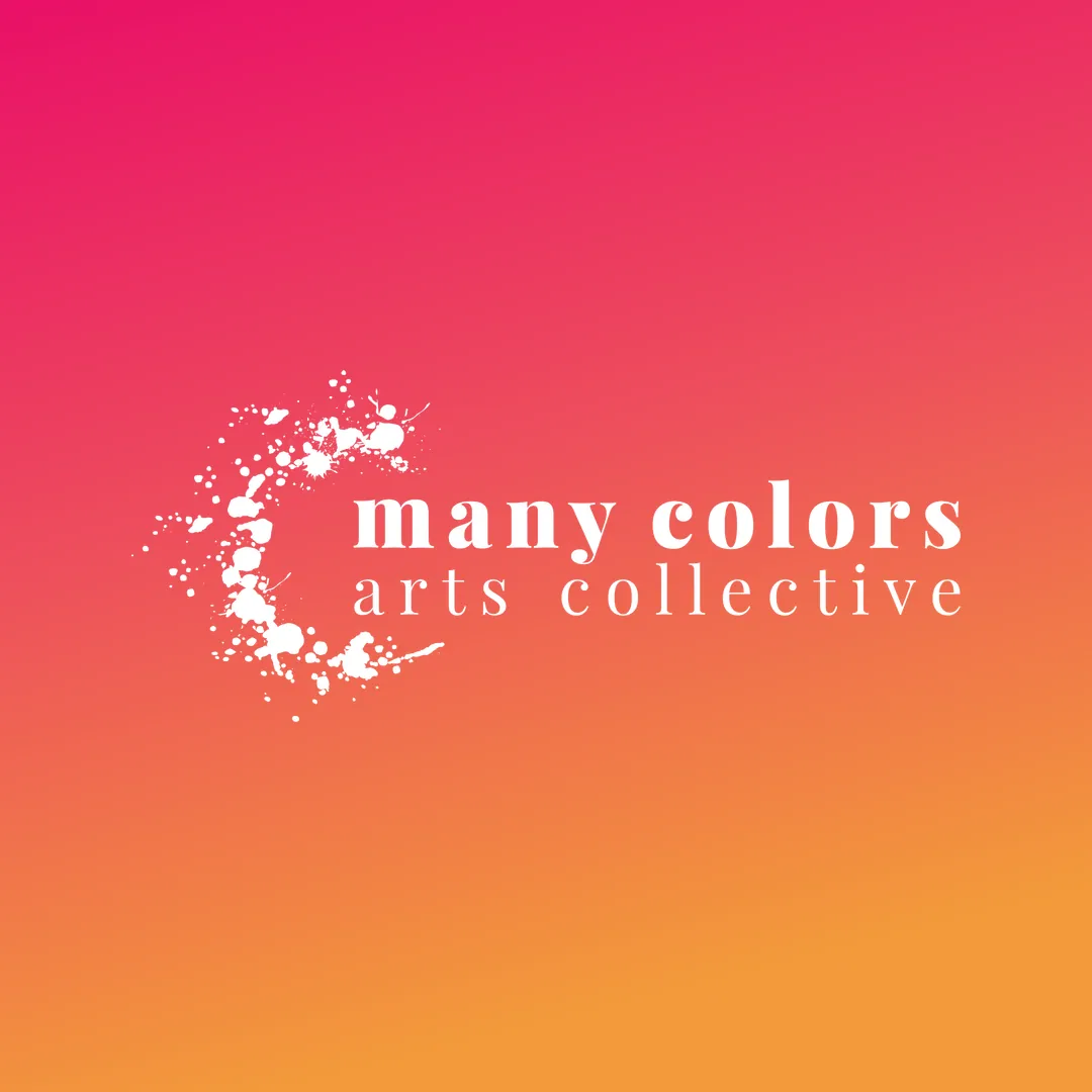 Many Colors Arts Collective logo, a white paint-splatter crescent beside the wordmark, on a pink-to-orange gradient