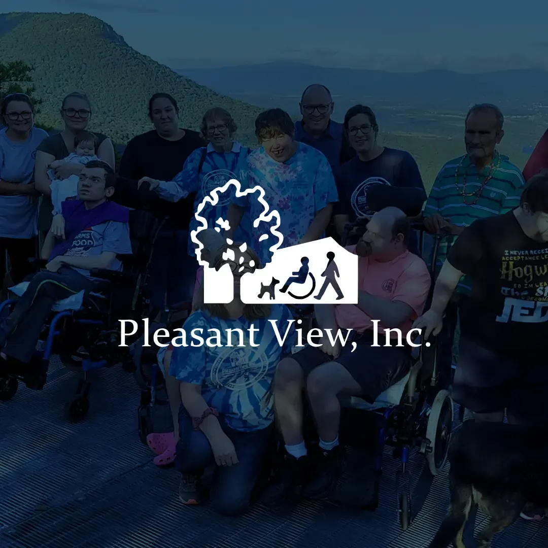 Pleasant View, Inc. logo with a tree, a wheelchair user and a walking figure over a dimmed photo of participants and staff at a mountain overlook